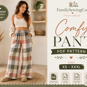 May include: A digital PDF sewing pattern for wide-leg pants titled Comfy Pant by FamilySewingCo. The pattern includes sizes XS through XXXL, with A4 and US Letter formats available for instant download. The design features a plaid pattern.