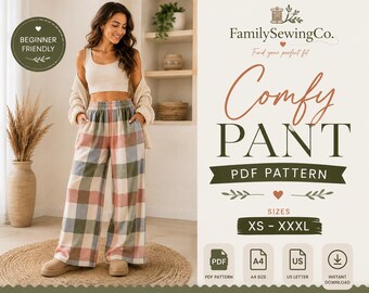 Naaipatroon voor een comfortabele damesbroek, makkelijke loungebroek, pyjamabroek met zakken, elastische taille, losse pasvorm, geruite zomerbroek (pdf download).