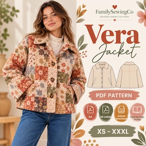 May include: A patchwork jacket featuring a floral pattern in shades of rust, cream, and sage green with a collar and front buttons. The text reads FamilySewingCo Vera Jacket PDF PATTERN, with icons for A4, US Letter, Instant Download, and Step by Step Guide.