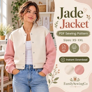 Può includere: Una giacca bomber a blocchi di colore crema e rosa polvere con chiusura a bottoni automatici, indossata sopra un top bianco e jeans blu. Il testo grafico recita Jade Jacket, PDF Sewing Pattern, Sizes: XS-XXL e Instant Download di FamilySewingCo.