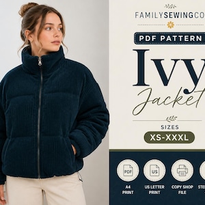 May include: A dark blue corduroy puffer jacket with a high collar and a front zipper. The text on the right reads FAMILYSEWINGCO. PDF PATTERN Ivy Jacket SIZES XS-XXXL, with icons for A4 PRINT, US LETTER PRINT, COPY SHOP FILE, and STEP-BY-STEP GUIDE.