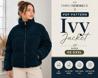 Naaipatroon voor een gewatteerde jas voor dames, jas met zakken en voering (PDF, maat XS XXXL, gemakkelijk, geschikt voor beginners, A4, printbaar, digitaal).