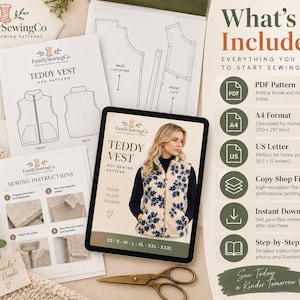 K&ouml;nnte beinhalten: Ein digitales Schnittmuster f&uuml;r eine Teddy-Weste von FamilySewingCo, inklusive gedruckter Anleitungen, Schnittteilen und einem Tablet mit dem fertigen Kleidungsst&uuml;ck. Das Set enth&auml;lt A4-Formate, 210 x 297 mm, f&uuml;r den Druck zu Hause.