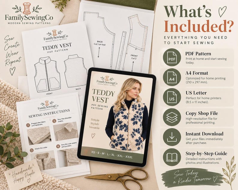 K&ouml;nnte beinhalten: Ein digitales Schnittmuster f&uuml;r eine Teddy-Weste von FamilySewingCo, inklusive gedruckter Anleitungen, Schnittteilen und einem Tablet mit dem fertigen Kleidungsst&uuml;ck. Das Set enth&auml;lt A4-Formate, 210 x 297 mm, f&uuml;r den Druck zu Hause.