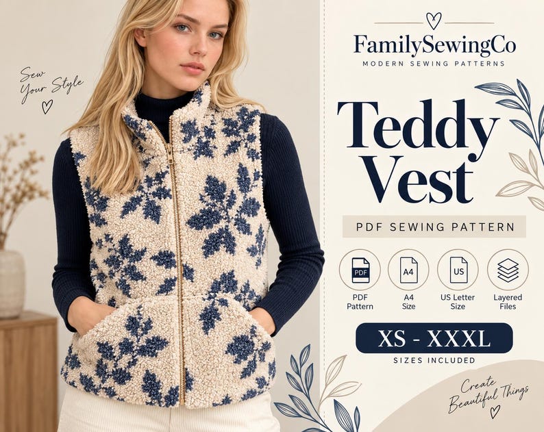 K&ouml;nnte beinhalten: Eine cremefarbene Teddy-Weste mit dunkelblauem Blumenmuster, hohem Kragen und goldenem Rei&szlig;verschluss. Der Text lautet FamilySewingCo, Teddy Vest, PDF Sewing Pattern, A4, US Letter, Layered Files und XS - XXXL.