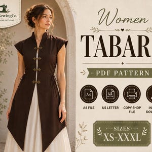 Patrón de costura Tarbard para mujer, sobretúnica medieval, vestido mágico, cosplay, disfraz vintage, patrón Tarbard sin laterales en PDF, tallas XS-XXXL, descarga digital.