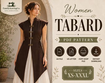 May include: A brown sleeveless tabard with a high collar and four decorative metal frog closures down the front. The sides feature lace-up detailing. Text includes FamilySewingCo. Women TABARD PDF PATTERN, A4 File, US Letter, Copy Shop File, Instant Download, and Sizes XS-XXXL.