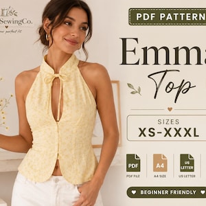 May include: A pale yellow sleeveless top with a small floral pattern, featuring a high collar with a tie closure, a front slit, and a fitted bodice. The text reads PDF PATTERN Emma Top, SIZES XS-XXXL, PDF, A4, US LETTER, COPY SHOP FILE, BEGINNER FRIENDLY.