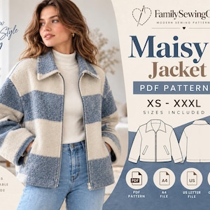 May include: A PDF sewing pattern for the Maisy Jacket by FamilySewingCo, featuring sizes XS to XXXL. The design includes a collared, zip-front jacket with wide horizontal stripes in blue and cream, shown in a technical line drawing illustration.