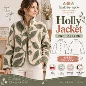 Könnte beinhalten: Eine cremefarbene und salbeigrüne Fleecejacke mit Blattmuster, hohem Kragen und Knopfleiste vorne. Der Text lautet FamilySewingCo, Holly Jacket PDF Pattern, Sizes XS-XXXL, PDF Pattern, A4 Included, US Letter Included, Step-by-Step Guide.
