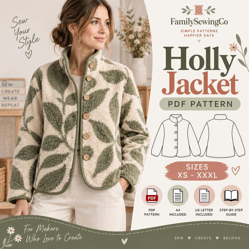 May include: A cream and sage green fleece jacket with a leaf pattern, featuring a high collar and a front button closure. The text reads FamilySewingCo, Holly Jacket PDF Pattern, Sizes XS-XXXL, PDF Pattern, A4 Included, US Letter Included, Step-by-Step Guide.