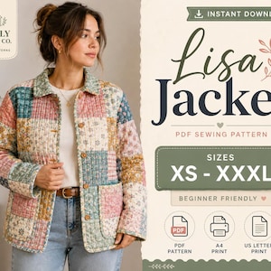May include: A quilted jacket featuring a patchwork design of floral and geometric patterns in muted shades of pink, blue, and yellow. The jacket has a collar, long sleeves, and front buttons. Text on the image reads Lisa Jacket PDF Sewing Pattern.