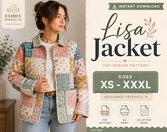 Women Jacket Sewing Pattern Quilted Jacket Patchwork Button Up Collar Jacket with pockets PDF XS XXXL Beginner A4 Printable Digital download