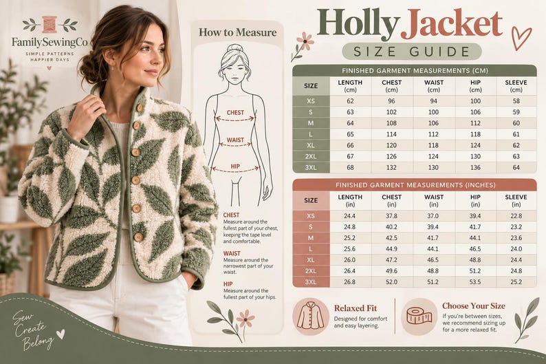May include: A cream-colored jacket with a green leaf pattern, featuring a button-front closure and a high collar. The image includes a size guide for the Holly Jacket with measurements in inches and centimeters, plus a diagram for body measuring.