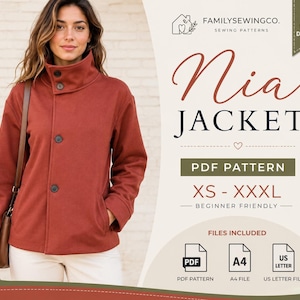 May include: A rust-colored jacket with a high collar, long sleeves, and three dark buttons down the front. The text on the right reads Nia JACKET, PDF PATTERN, XS - XXXL, BEGINNER FRIENDLY, FILES INCLUDED, PDF, A4, and US LETTER.