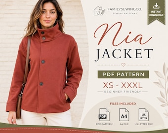 Naaipatroon voor een gevoerde jas voor dames, een jas met knoopsluiting en zakken. Patroon in PDF-formaat (maten XS XXXL). Jaspatroon voor beginners, A4-formaat, printbaar en digitaal te downloaden.