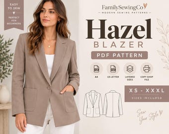 Naaipatroon voor een blazer voor dames, jas/jack (PDF-patroon), eenvoudig voor beginners, winterjas, formele jas, patroon A0/A4, printbare digitale download.