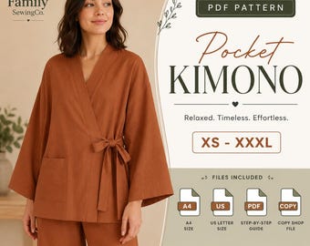 Naaipatroon voor een dameskimono (XS-XXXL) PDF, patroon voor een damesblouse, patroon voor een korte kimono, eenvoudig patroon voor beginners, digitale download.