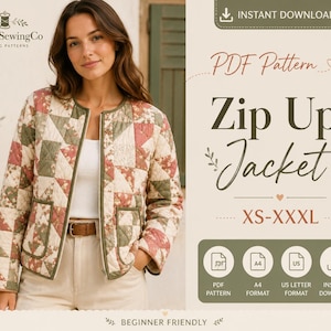 May include: A quilted zip-up jacket featuring a patchwork pattern of muted green, pink, and cream floral fabrics. The jacket has a round neckline, long sleeves, and two front patch pockets. Text on the image reads: PDF Pattern Zip Up Jacket XS-XXXL.