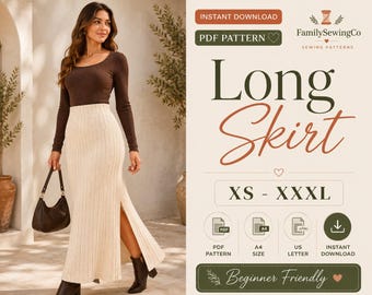 Naaipatroon voor een lange rok met split (PDF), maxi-rok met split, getailleerde rok, stretch gebreide rok voor dames, eenvoudig voor beginners, A4-formaat, printbaar, digitaal te downloaden.