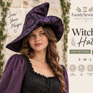 May include: A witch hat sewing pattern by FamilySewingCo featuring a purple and black floral fabric design. The digital document includes text reading Sew Your Magic, Witch Hat, PDF Pattern, Beginner Friendly, S-M-L, A4, US Letter, and Instant Download.