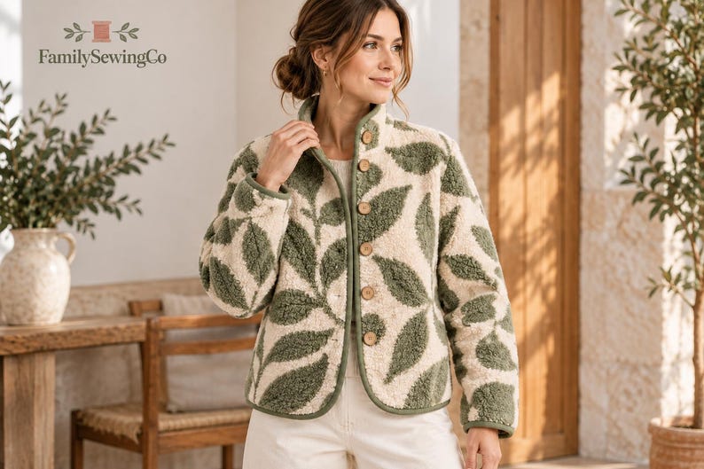 May include: A cream and sage green fleece jacket featuring a repeating leaf pattern, a high collar, and a front button closure with light brown wooden buttons. The jacket has long sleeves and a straight hemline, constructed from a textured material.