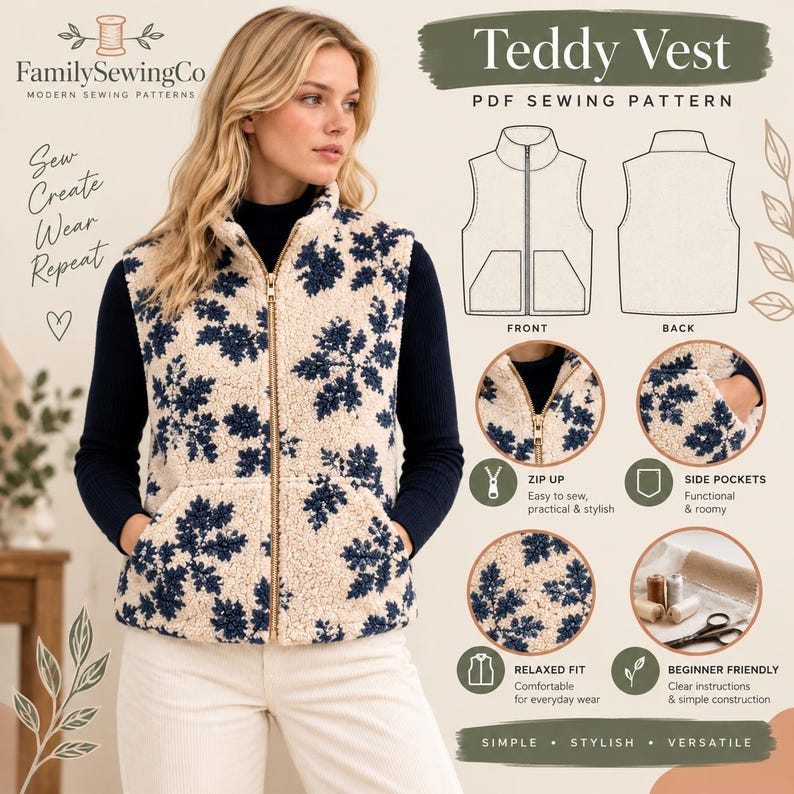K&ouml;nnte beinhalten: Ein PDF-Schnittmuster f&uuml;r eine Teddy-Weste aus cremefarbenem Fleece mit dunkelblauem Blumenmuster. Die Weste hat einen durchgehenden goldenen Rei&szlig;verschluss, einen hohen Kragen und zwei Vordertaschen. Enth&auml;lt technische Strichzeichnungen und Anleitungen.