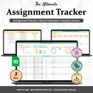 Könnte beinhalten: Ein MacBook Pro zeigt einen digitalen Aufgaben-Tracker mit dem Text "The Ultimate Assignment Tracker". Der Bildschirm zeigt einen Kalender, Diagramme und eine Tabelle. Symbole weisen auf Anweisungen, automatische Berechnung und sofortigen Download hin.