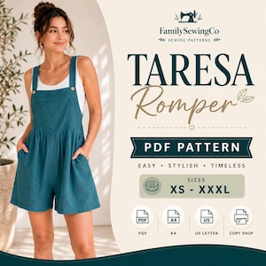 May include: A teal romper with a white tank top underneath. The text reads FamilySewingCo SEWING PATTERNS, TARESA Romper, PDF PATTERN, EASY STYLISH TIMELESS, SIZES XS - XXXL, PDF, A4, US LETTER, and COPY SHOP with corresponding icons.