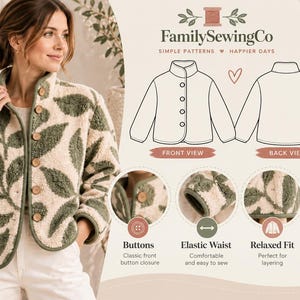 May include: A cream and sage green leaf-patterned fleece jacket with a high collar and brown buttons. The image includes a technical line drawing showing front and back views, along with circular detail shots of the buttons and fabric texture.
