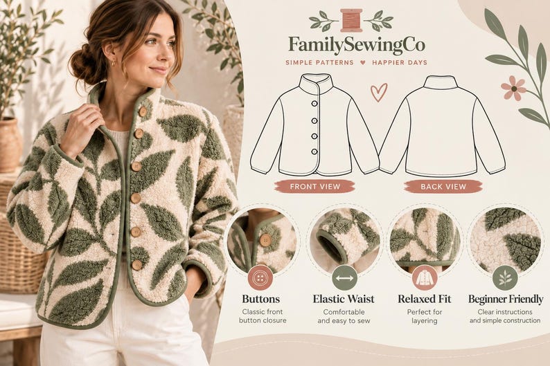 May include: A cream and sage green leaf-patterned fleece jacket with a high collar and brown buttons. The image includes a technical line drawing showing front and back views, along with circular detail shots of the buttons and fabric texture.