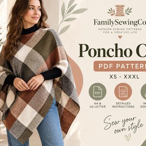 Poncho Cape Symönster Dam Cape Sjal Nybörjartröja Vintertröja Mönster A0 A4 Utskrivbar Digital Nedladdning