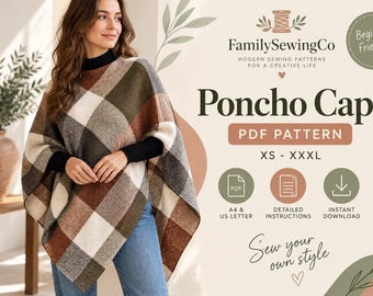 Naaipatroon voor een poncho/cape voor dames, een cape/sjaal voor beginners, een trui/sweatshirt, patroon A0/A4, printbare digitale download.
