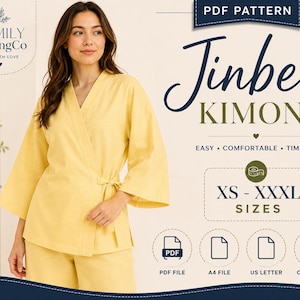 May include: A yellow Jinbei kimono PDF sewing pattern featuring a wrap-style top with three-quarter sleeves and matching trousers. The text includes Family SewingCo, Jinbei KIMONO, PDF PATTERN, XS - XXXL SIZES, PDF FILE, A4 FILE, US LETTER, and COPY SHOP.