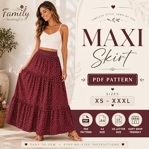 May include: A digital PDF sewing pattern for a tiered maxi skirt in a deep burgundy color with a small white polka dot print. The graphic includes the text Family SewingCo, MAXI Skirt, PDF PATTERN, SIZES XS - XXXL, and icons for A4 and US Letter.