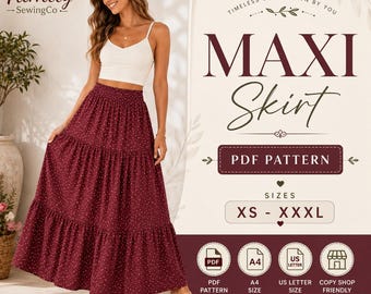 Naaipatroon voor een maxi-rok met meerdere lagen (PDF), damesrok met elastische taille, lange rok, naaipatroon voor beginners, A4-formaat, printbare digitale download.
