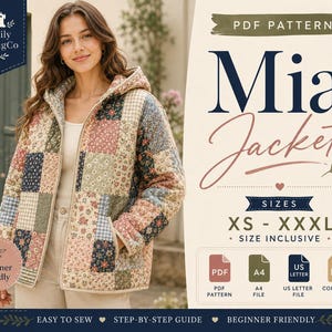 Quilted Hoodie Jacket sewing pattern pockets patchwork women Zip Coat hooded jacket Pattern Easy PDF (XS-XXXL) Digital download