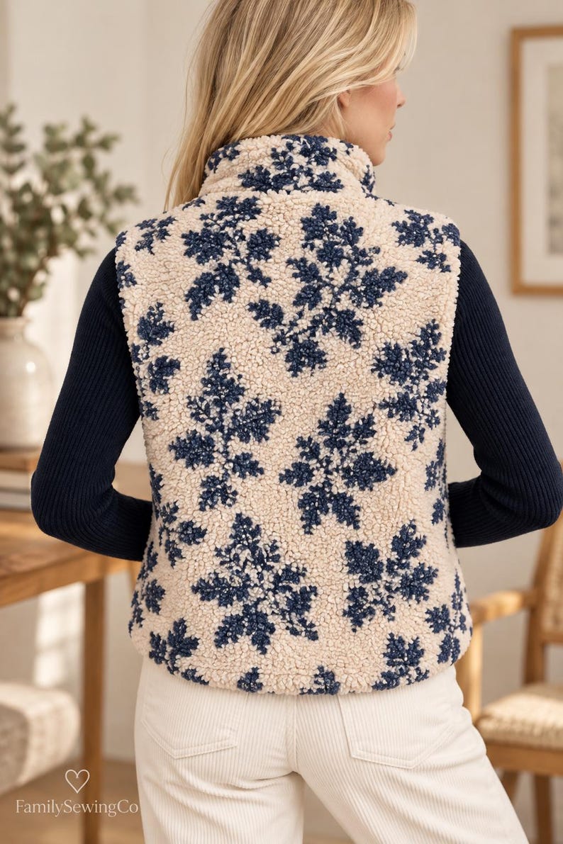 K&ouml;nnte beinhalten: Eine &auml;rmellose Weste aus cremefarbenem Sherpa-Fleece mit einem sich wiederholenden dunkelblauen Blumenmuster. Die Weste hat einen hohen Kragen und wird &uuml;ber einem dunkelblauen, lang&auml;rmeligen Rippshirt und einer wei&szlig;en Hose getragen. Der Text FamilySewingCo ist sichtbar.