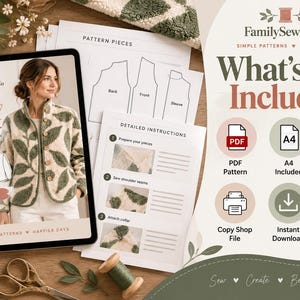 May include: A digital sewing pattern for the Holly Jacket by FamilySewingCo, featuring a cream and green leaf-print jacket, pattern pieces, and detailed instructions. Includes PDF, A4, and US Letter formats, a copy shop file, and a step-by-step guide.