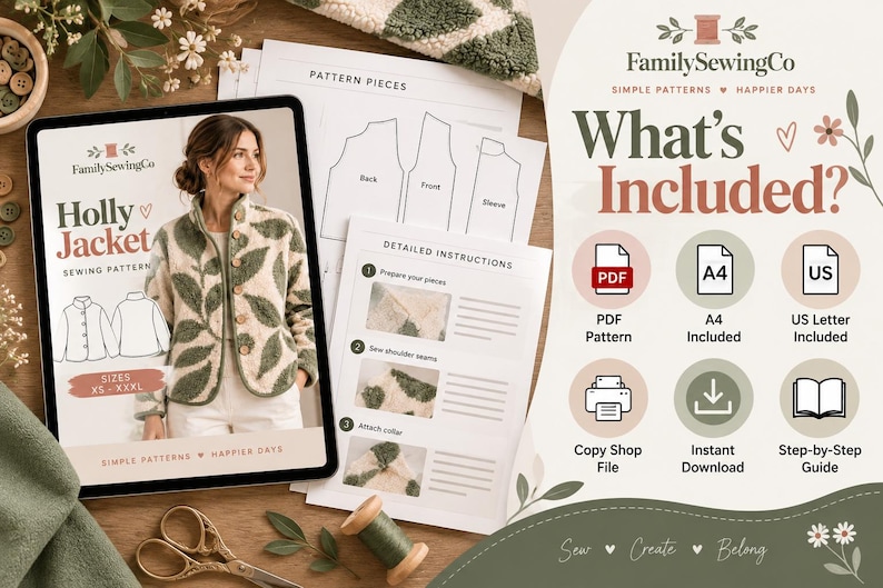 May include: A digital sewing pattern for the Holly Jacket by FamilySewingCo, featuring a cream and green leaf-print jacket, pattern pieces, and detailed instructions. Includes PDF, A4, and US Letter formats, a copy shop file, and a step-by-step guide.