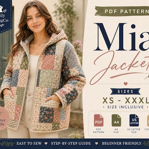 Quilted Hoodie Jacket sewing pattern pockets patchwork women Zip Coat hooded jacket Pattern Easy PDF (XS-XXXL) Digital download