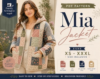 Naaipatroon voor een gewatteerde hoodie met zakken, patchwork, damesjas met rits en capuchon. Eenvoudig patroon (PDF, maten XS-XXXL) digitale download.