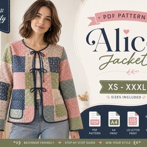 May include: A patchwork jacket featuring a multi-colored floral and gingham pattern in shades of pink, green, and blue. The jacket has a round neckline, long sleeves, two front pockets, and three dark blue tie closures. Text reads Alice Jacket.