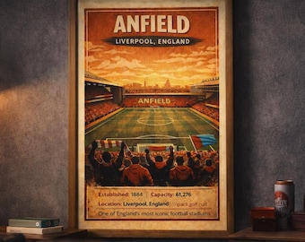 Anfield Stadium-print | Voetbalveld Liverpool | Vintage voetbalposter | Voetbalmuurkunst | Digitale download