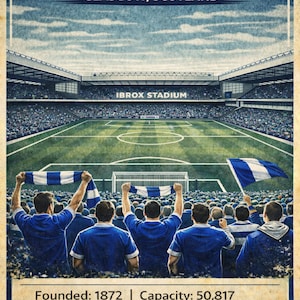 May include: Vintage-style poster of Ibrox Stadium in Glasgow, Scotland. The image shows the stadium filled with fans, with text at the top and bottom. The text includes the stadium name, location, founding year, and capacity.