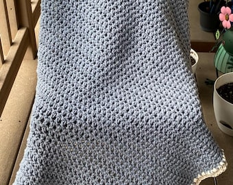 Handmade Crochet Blanket: Chunky, Heavy Weight, Blue, Cream, Acrylic Soft Yarn, Afghan, Throw, Lapghan