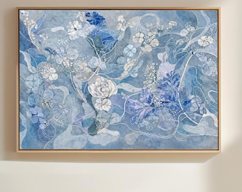 Toile botanique bleue, art mural floral abstrait, peinture de fleurs bleu cobalt, décoration de jardin moderne et aérée, prêt à accrocher, cadeau de pendaison de crémaillère