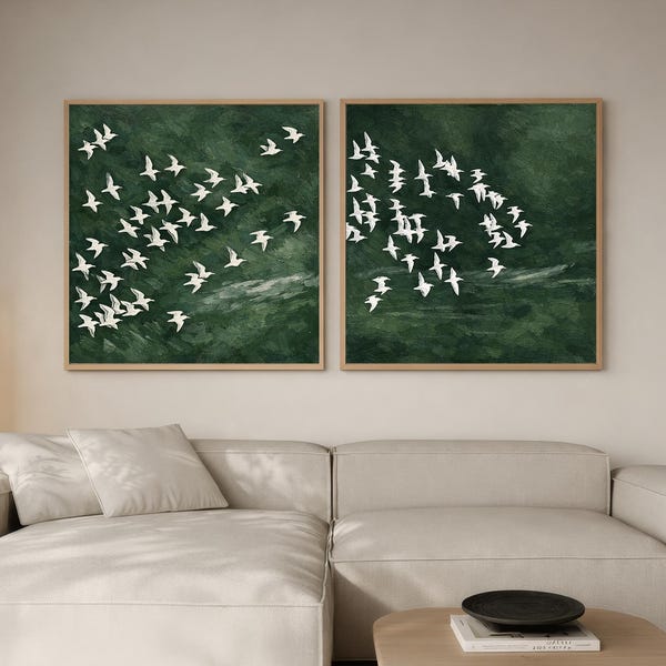 Bird Wall Art Set of 2, Framed Canvas Prints, Green Flock of Birds Decor, Minimalist Nature Diptych, Moody Coastal Wall Art