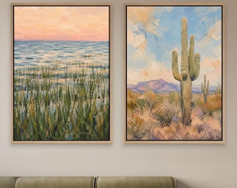 Ensemble de 2 toiles d'art mural désert côtier, impression de cactus Saguaro, peinture plage herbe océan, décoration giclée sur toile Boho du sud-ouest