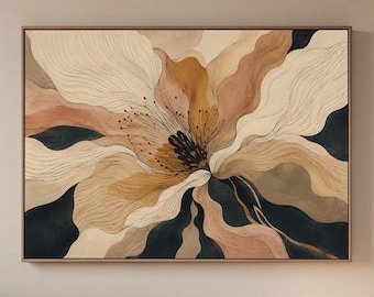 Puede incluir: Impresión artística floral abstracta en un marco de madera. La obra presenta una gran flor con pétalos en capas en tonos beige, marrón y negro. La pieza está montada en una pared de color neutro, creando una estética relajante. Decoración del hogar.